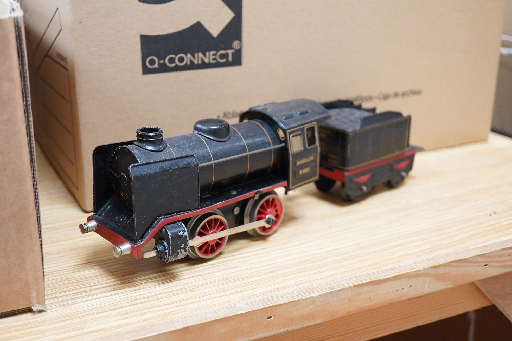 A collection of Marklin and Hornby clockwork O Gauge railway including three locomotives; a Marklin steeple cab 0-4-0 electric pantograph locomotive, RV.890, a Marklin 0-4-0 tender locomotive, R880, and a Hornby M series